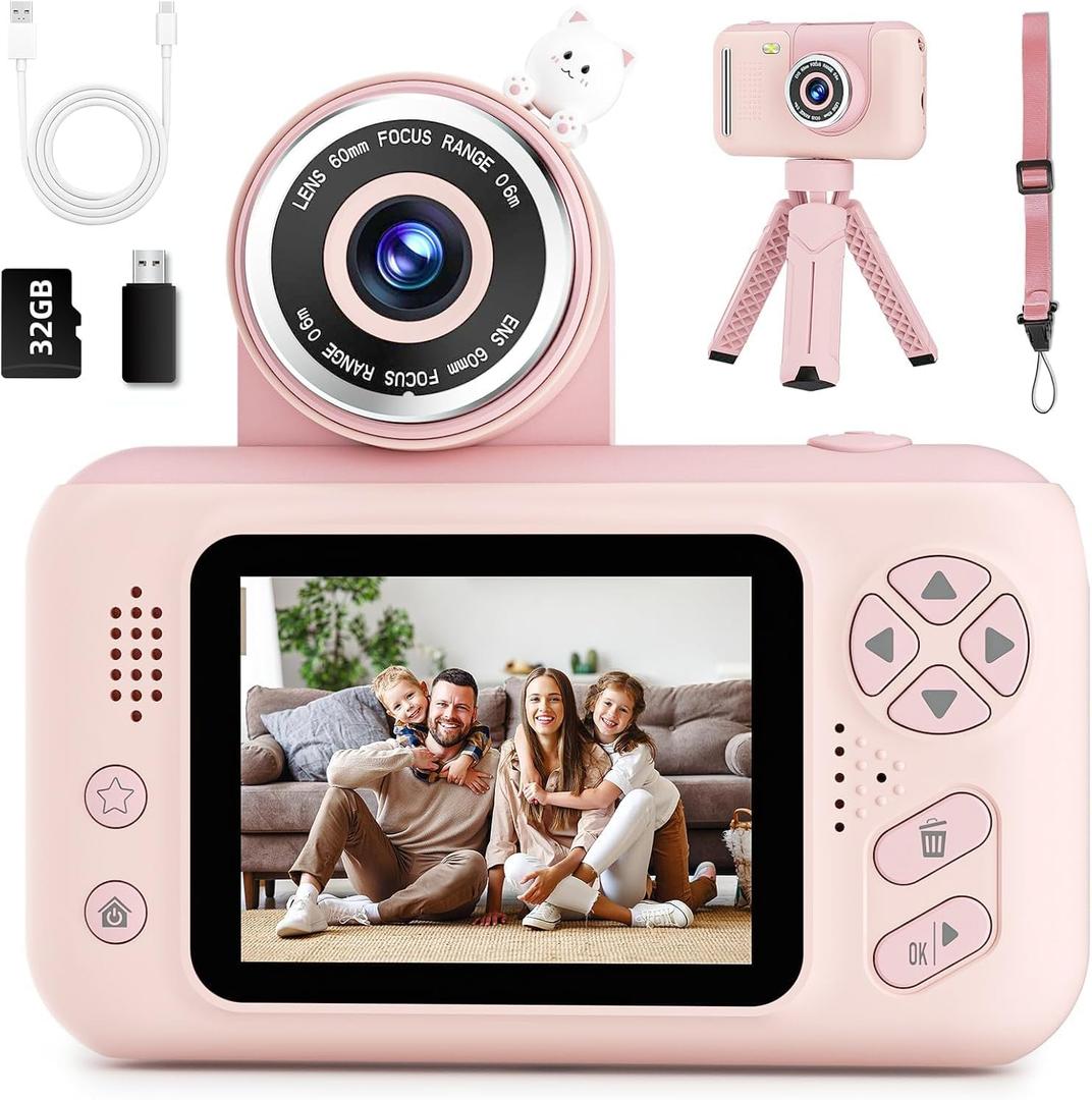 Kids Camera Girls for 3 4 5 6 7 8 9 Years Old Girls,1080P HD Video Selfie Camera with 32G SD Card Kids Digital Camera Toys for Toddler Birthday Gifts Pink (Beige)