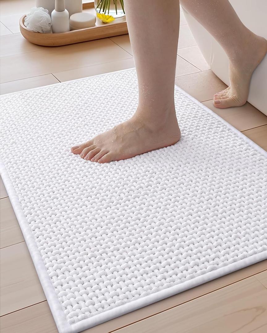 Color&Geometry Chenille Pile Bathroom Rugs Upgraded Denser, 17"x29.5" Non Slip Absorbent White Bath Mats for Bathroom Thin Fit Under Door, Washable Quick Dry, Standard Sized
