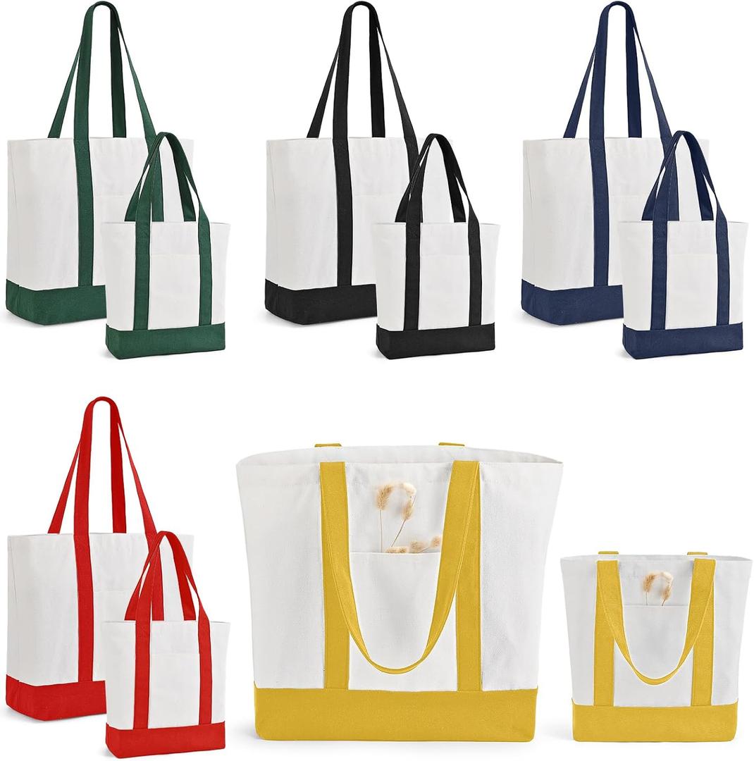 10Pcs Canvas Tote Bag Bulk with Outer Pocket, 12oz Cotton Blank Canvas Tote Bags 19 x 14.6Inch, 13 x 11Inch Reusable Grocery Bags Shopping Cloth Bags for Women, Colorful (5 Set Large & Medium) (Muticolor)
