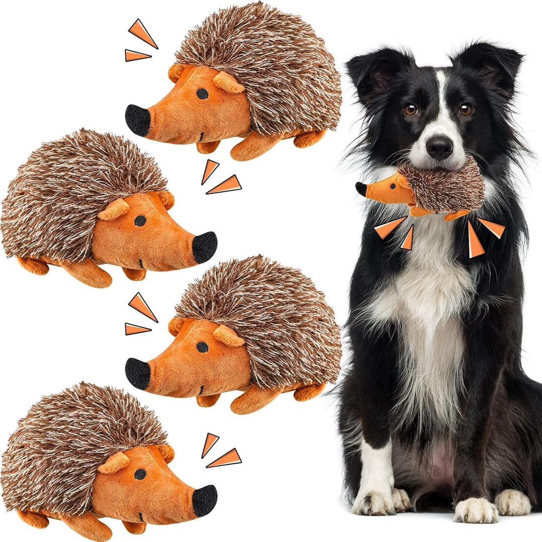 Funtery 4 Pcs Hedgehog Dog Squeaky Toy Plush Interactive for Boredom Hedgehog Chew Toy Stuffed Biting Training Playing Hide and Seek for Puppy, 7.87 Inch Brown, (Hedgehog)