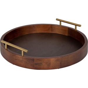 Kate and Laurel Lipton Mid-Century Modern Round Wooden Tray, 15.5" Diameter, Dark Walnut Brown with Gold Handles, Decorative Accent Tray for Storage and Display