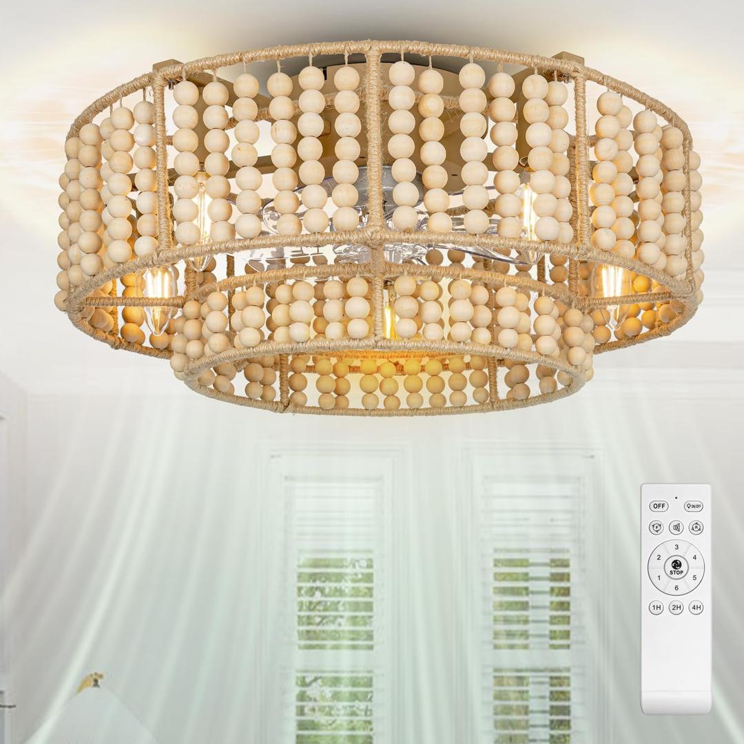 Boho Wood Beaded Layered Fandelier, 20" 6-Speed Flush Mount Ceiling Fan Chandelier with Light & Remote Control Enclosed Bladeless Low Profile Low Noise for Kitchen Bedroom Living Room Patio