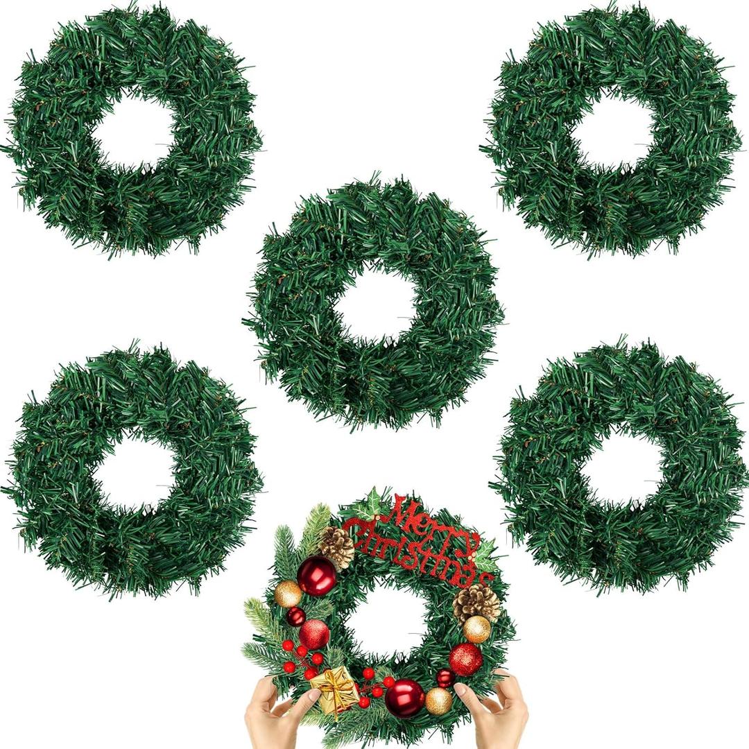 6 Pcs Christmas Wreath 10 Inch Green Artificial Wreaths DIY Faux Plain Wreaths Front Door Green Farmhouse Cabinets Wreath Indoor Outdoor Wall Decor (Classic)