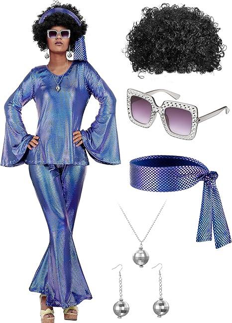 Jexine 70s Women Disco Outfit Costume Disco Party Top Pants Sunglasses Ball Necklace Earring Wig for Halloween New Year Eve (Purple, XXL)