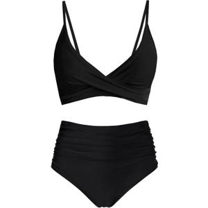 Women's High Waisted Bikini Sets Push Up Twist Front Spaghetti Straps Ruched Two Piece Swimsuit Bathing Suit (Black), Small