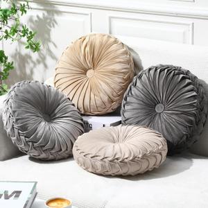 Kathfly Set of 4 Decorative Round Pleated Throw Pillows, Classy Velvet Pumpkin Round Throw Pillows, Decorative Floor Pillow for Bed Chair Home Sofa Decor, 14" Diameter(Multicolor)