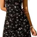 Women's Floral Print Lettuce Trim Cami Dress Square Neck Sleeveless Bodycon Mesh Mini Dress (Medium, Black)
