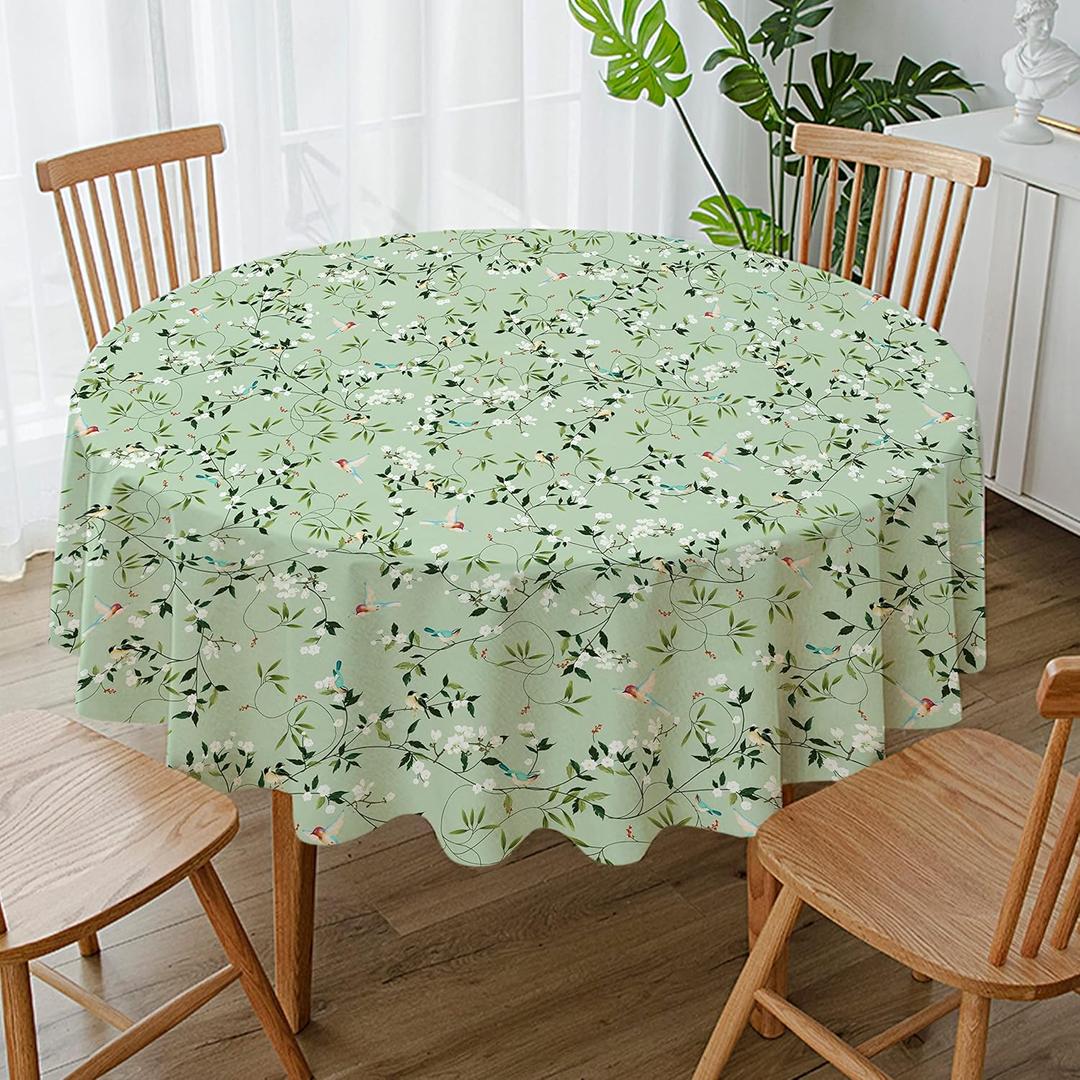 Round Tablecloth Waterproof Fabric 60x60 inch Floral Bird Tablecloth for Kitchen Dining Room
