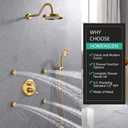Brushed-Gold Antique Shower System with Jets: 9 inch Rain Faucet Sets Complete Wall Rainfall Head and Handheld Spray Fixtures Combo, 3 Way Diverter Brass Rough in Valve Trim Kit
