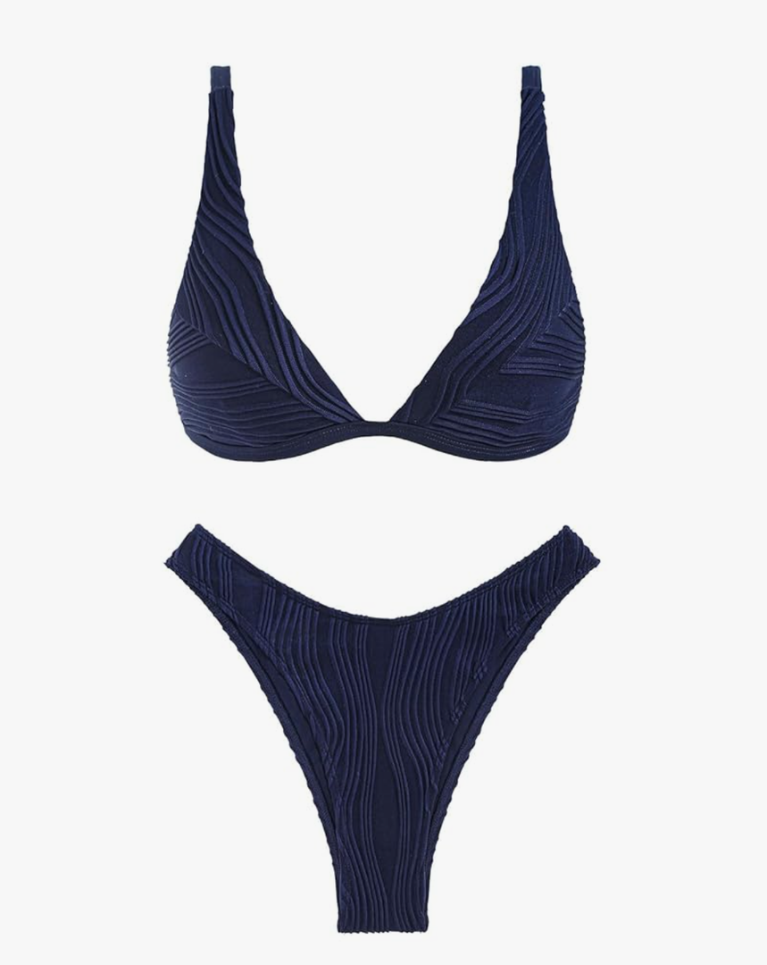 ZAFUL Bikini Sets for Women Triangle Textured Plunging High Cut Cheeky Bikini Swimsuits Two Piece Bathing Suits 6/M