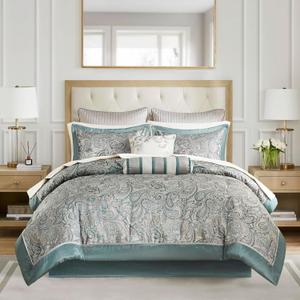 Madison Park Aubrey Cozy 12 Piece Comforter Set & Sheet, Luxe Faux Silk Jacquard Paisley Design - All Season Down Alternative Bedding with Cotton Bed Sheets, Bedskirt, Toss Pillows, Queen Teal