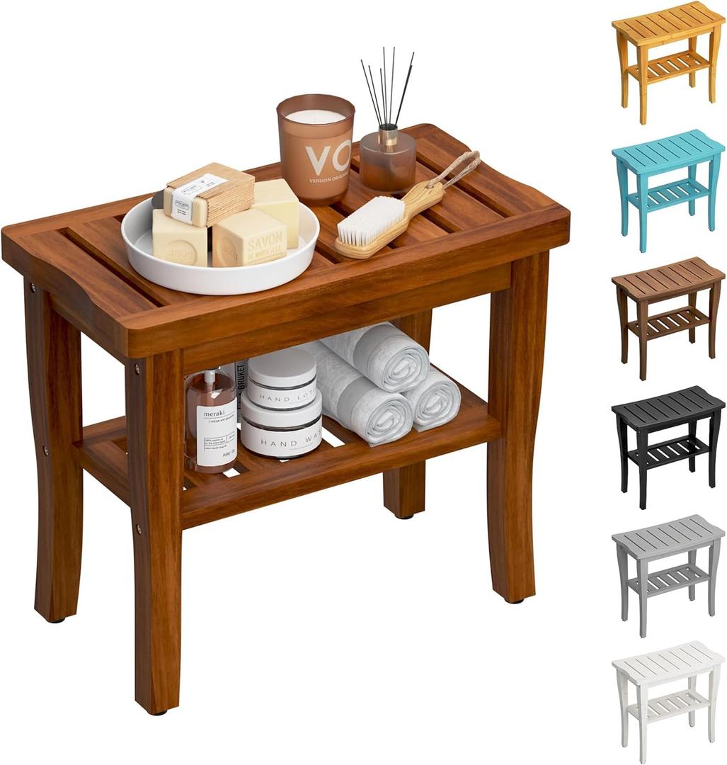 Teak Shower Bench Stool with Storage Shelf, Waterproof Shower Chair Spa Bath Seat, Shower Stool for Inside Shower, Bathroom Bench Seat for Adults Elderly Seniors for Indoor or Outdoor Use