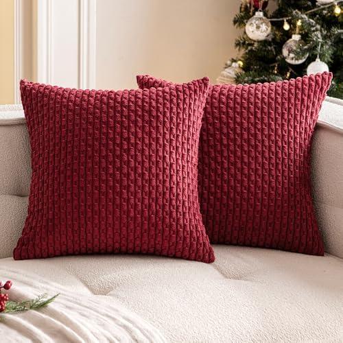 Woaboy Burgundy Throw Pillow Covers 18x18 Inch Set of 2 Decorative Couch Pillow Covers Farmhouse Soft Corduroy Boho Home Decors for Winter Cushion Bed Sofa Living Room