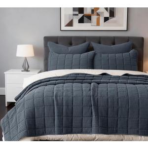 3 Pieces Cotton Quilt Set Queen Size Bedding Sets 90x98 with Pillow Shams Ultra Soft Lightweight Bedspread Waffle Weave Quilted Bed Coverlets for All Season, Grey Blue