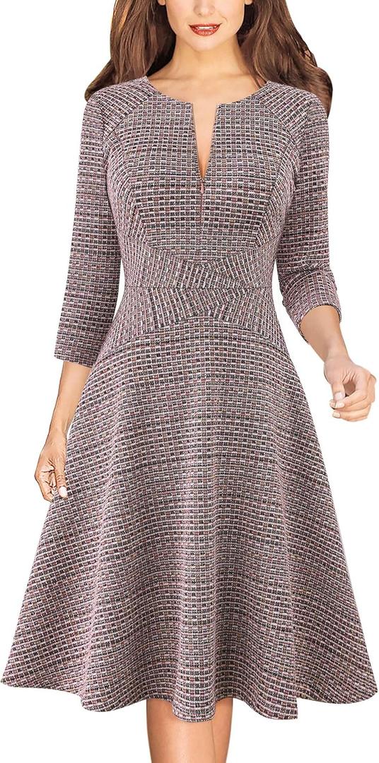 VFSHOW Womens Work Business Front Zipper A-Line Dresses 3/4 Sleeve Office Church Fit and Flare Skater Swing Knee Length Dress (Pink Tweed)