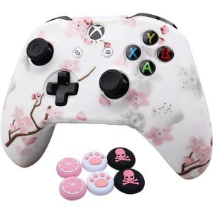 RALAN Cherry Blossoms Skin, Sakura Silicone Controller Cover Skin Protector Compatible for Xbox Ones Controller (Pink Pro Thumb Grip x 2,Cat Grips x 2,Skull Cap x 2).