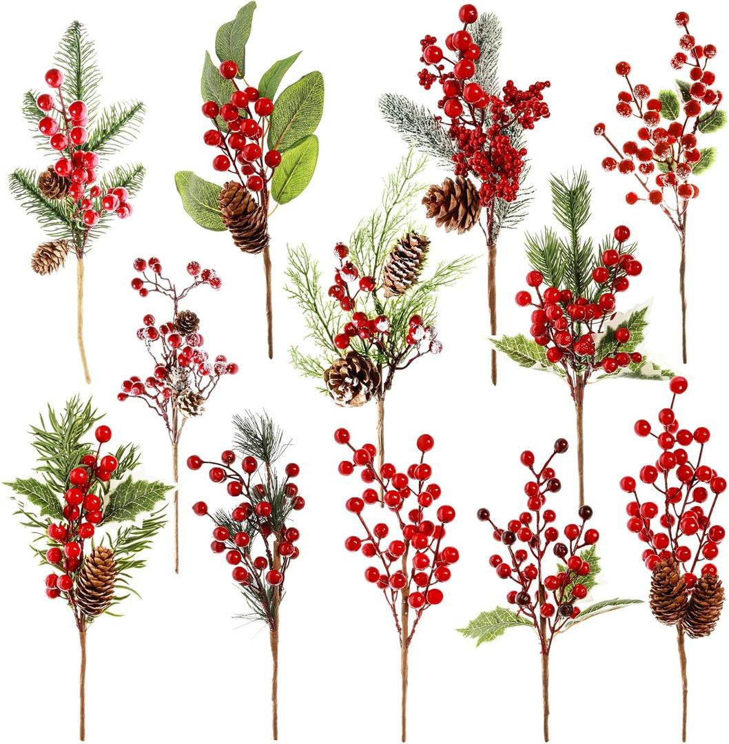 GoClimber 12 Pack Christmas Tree Picks, 12 Inch Artificial Christmas Flowers Assorted Red Berry Picks and Sprays for Christmas Tree Filler Floral Arrangement DIY Wreath Winter Holiday Season Dcor