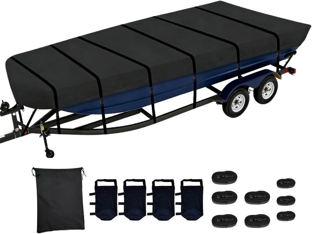 Jon Boat Cover 10-12 ft, 420D Oxford Cloth PU Waterproof Jon Boat Waterproof Trailerable Boat Covers with Windproof Straps, Removable Drop sandbag, Jon Boat Beam Width up to 56 inch, Black