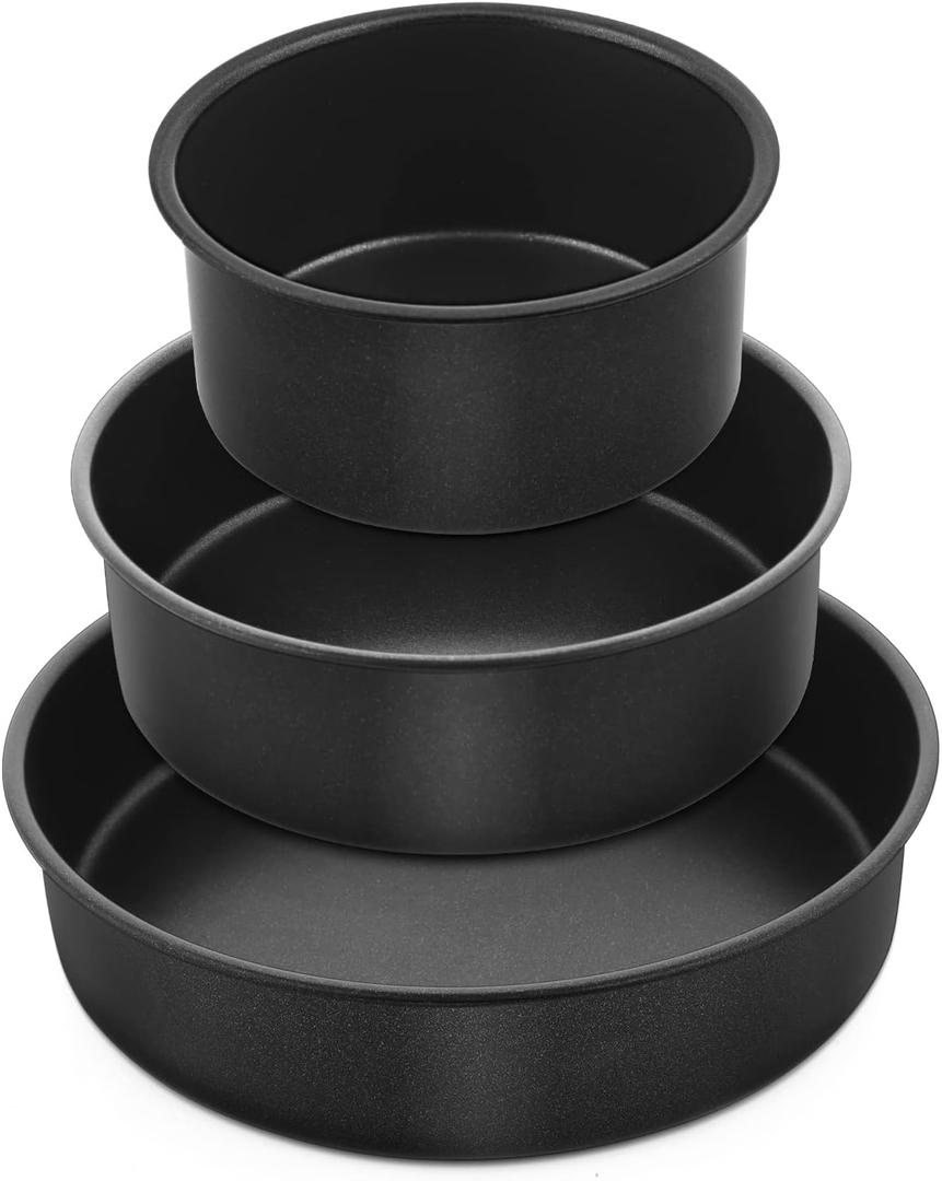 E-far 3-Piece Cake Pan(4/6/8 Inch), Nonstick Stainless Steel Round Baking Cake Pans, Metal Cake Mold Tins for Birthday/Wedding, Stainless Steel Core & Non-toxic Coating, Straight Side & 2 Inch Deep