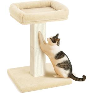 AGYM Cat Scratching Post, 32Cat Scratcher with Large Plush Perch, Sisal & Carpet Scratching Post, Vertical Posts with Elevated Bed for Indoor Cats, Removable& Washable Cover, Beige