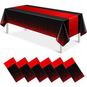 MASHAN 6Pcs Black and Red Tablecloth Party Decorations,Plastic Black Table Cloth Printed Red Table Runner Disposable Rectangle Cover for Birthday Weeding Anniversary Graduation Party,54 x108 Inch