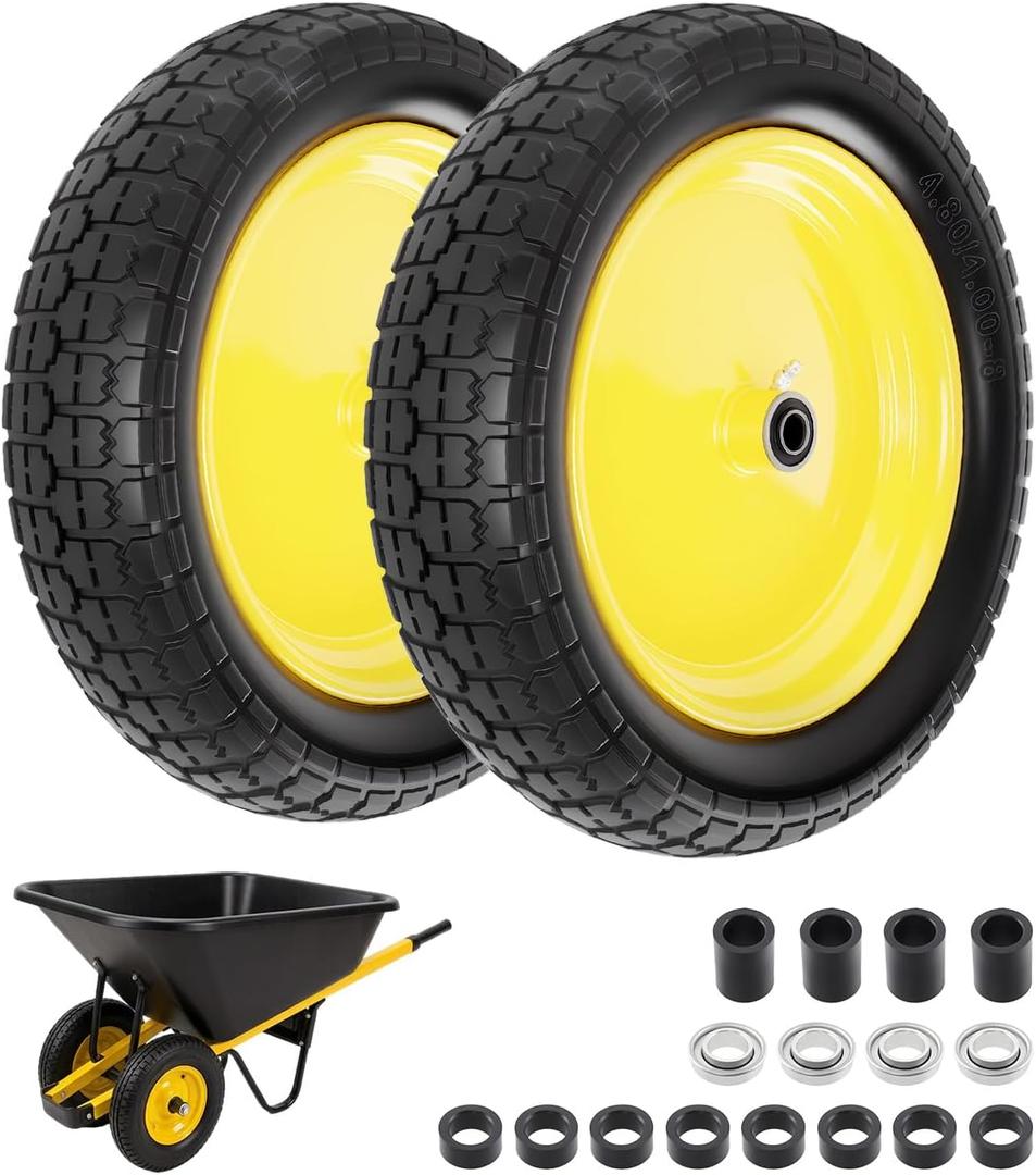 4.80/4.00-8 wheelbarrow tire, 16" Flat Free Solid Tire and Wheel, 3" Centered Hub, 5/8" & 3/4" Bearings, Universal Replacement for Garden Carts Wagon Wheel Barrow, 2 Pack