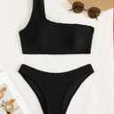 YIMISAN Women's Ribbed Bikini Sets One Shoulder Top with Mid Waist Two Piece Bathing Suit (Black, M)