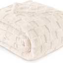 Exclusivo Mezcla Queen Size Flannel Fleece Blanket, Super Soft and Warm Lightweight Checkered Pattern Blankets for All Seasons, 90x90 Inches, Ivory