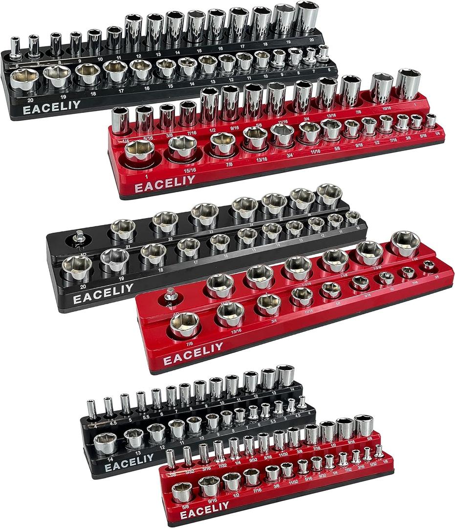 EACELIY 6-Piece Magnetic Socket Organizer Set, 1/2", 1/4" and 3/8" SAE & Metric Deep & Shallow Socket Holder Kit, holds 141 standard Sockets, attaches to steel box/tool cart (sockets not included)