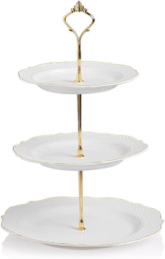 Sweejar 3 Tier Ceramic Cake Stand Wedding, Dessert Cupcake Stand for Tea Party Serving Platter (New White)