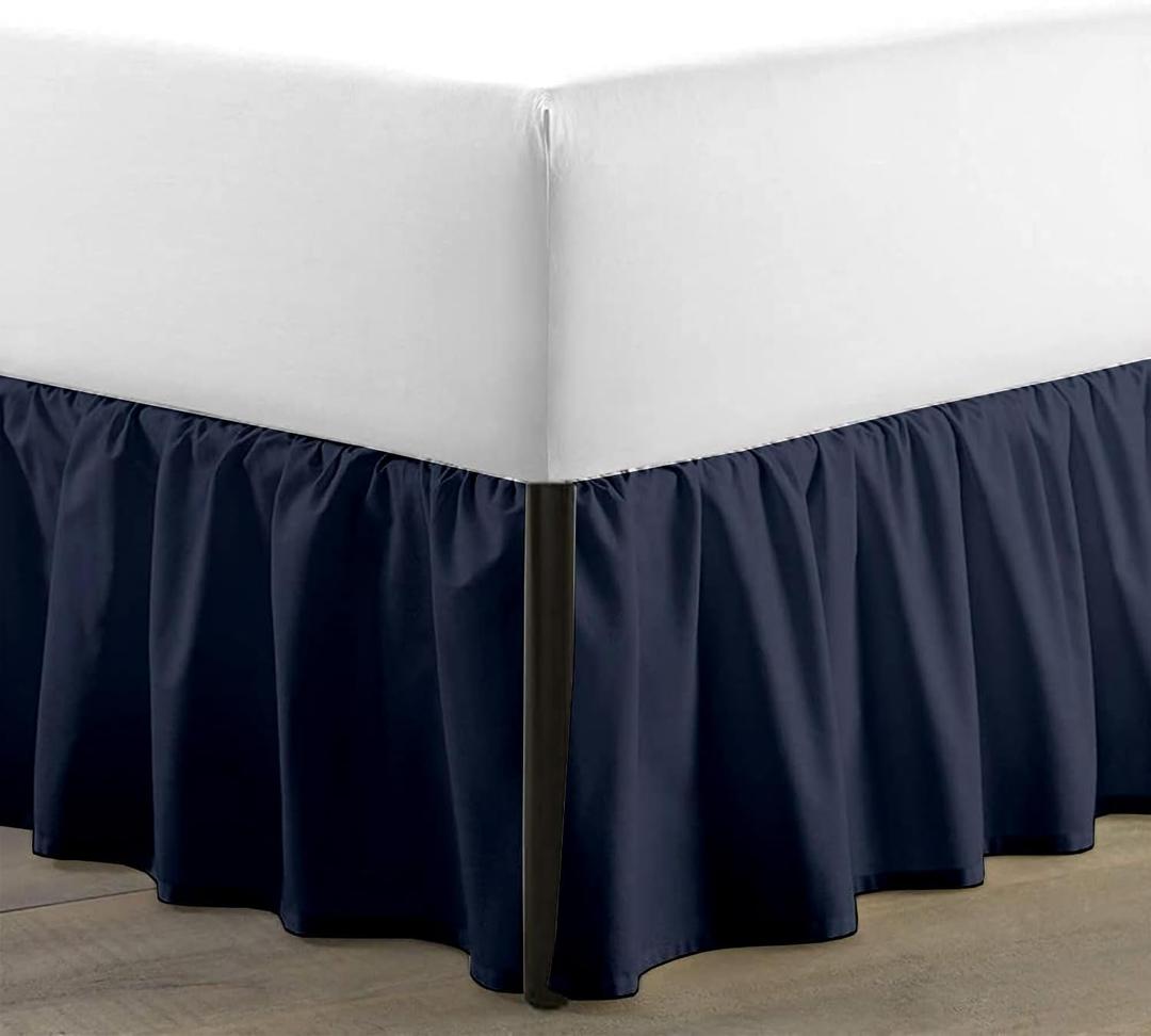 SKY BEDDINGS - Queen Size Ruffled Bed Skirt with Split Corners - 12 Inch Drop Dust Ruffle Bed Skirt with Platform Three Sided Coverage - 100% Microfiber, Navy Blue