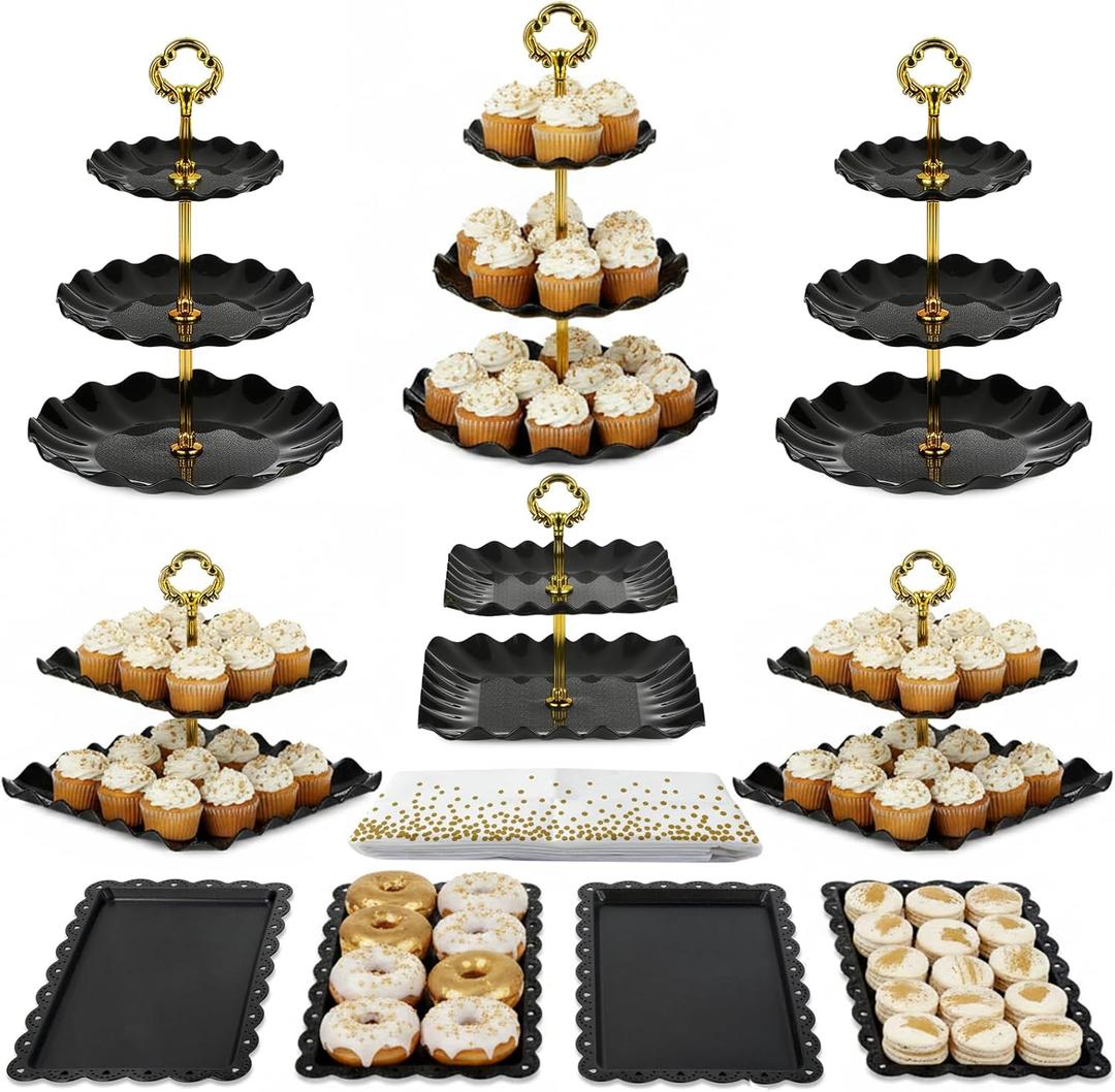 Pack of 10 NWK Cake Stand Set, with 3 x Two-Tier and 3 x Three-Tier Cupcake Stands, 4 x Appetizer Trays, 1 x Tablecloth for Birthday Bridal Baby Shower Party (Black)