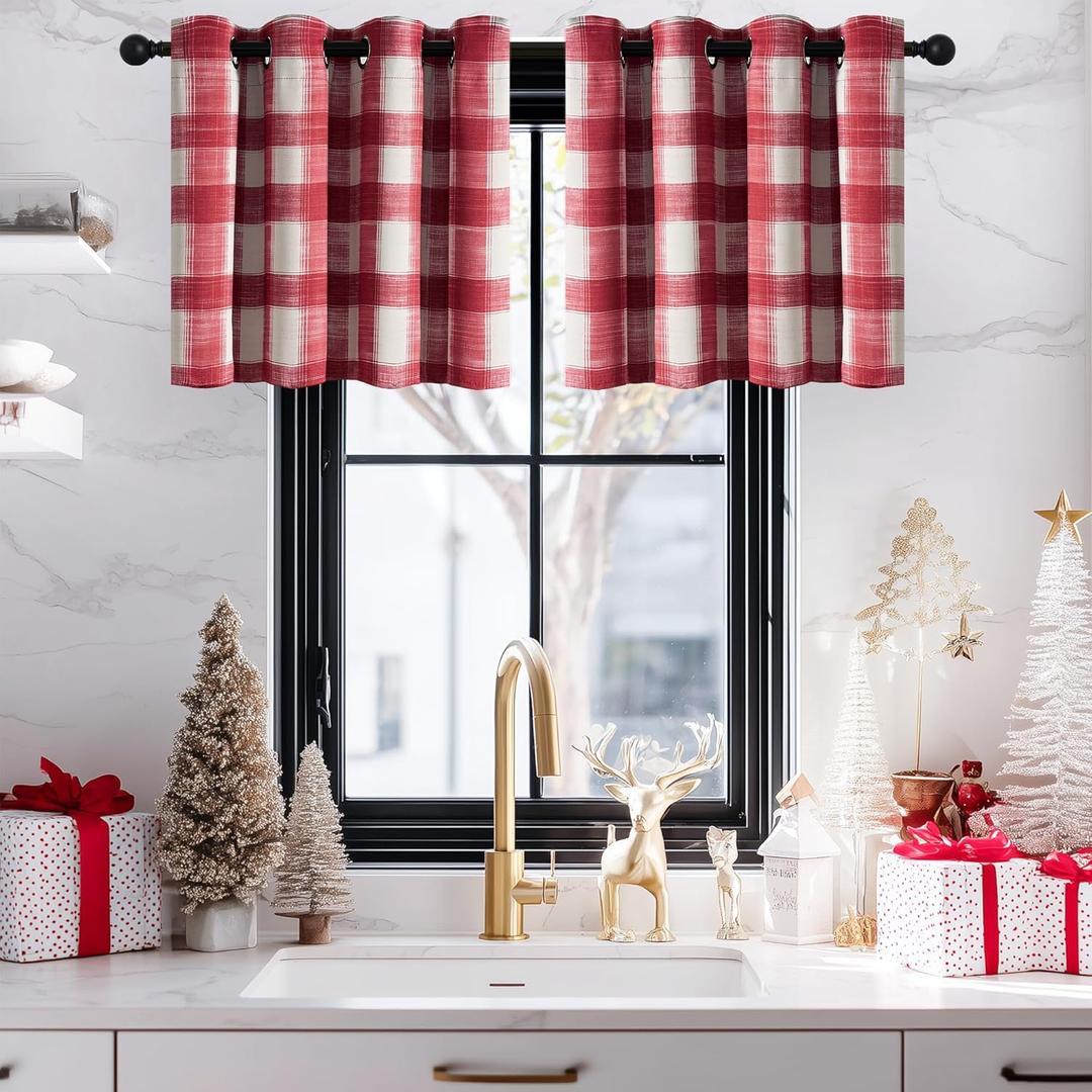 NICETOWN Christmas Valances for Windows, Grommet Top Half Window Curtains for Kitchen, Small Shade Light Block Panels, Window Valance for Bathroom, W52 x L24, Red & White, 1 Panel