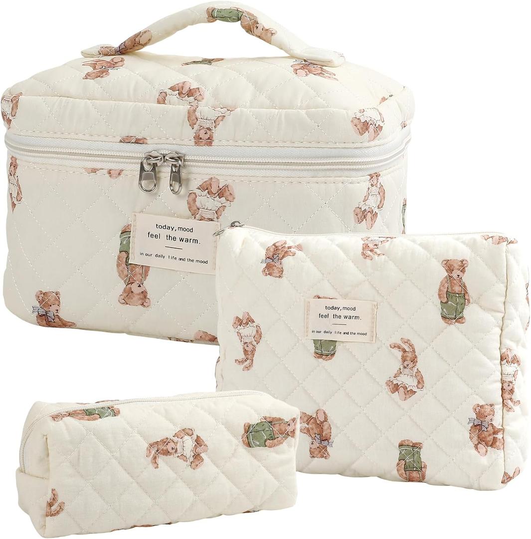 Large Quilted Makeup Bag for Women and Girls, Cute Coquette Floral Cotton Cosmetic Bag, Aesthetic Travel Organized Toiletry Bags (06-beige bears)