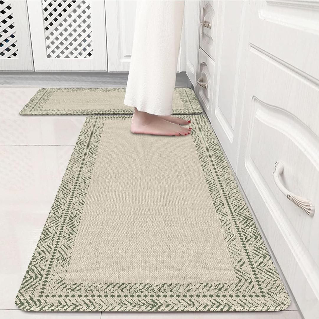 Sage Green Vintage Boho Elegance Frame Kitchen Rug Sets [2 PCs], Anti-Fatigue, Waterproof Non-Slip Kitchen Mats Heavy Duty Comfort Foam Rug for Kitchen, Floor, Laundry,17"x29"+17"x47", 17.3"x29"+17.3"x47"-0.4"H