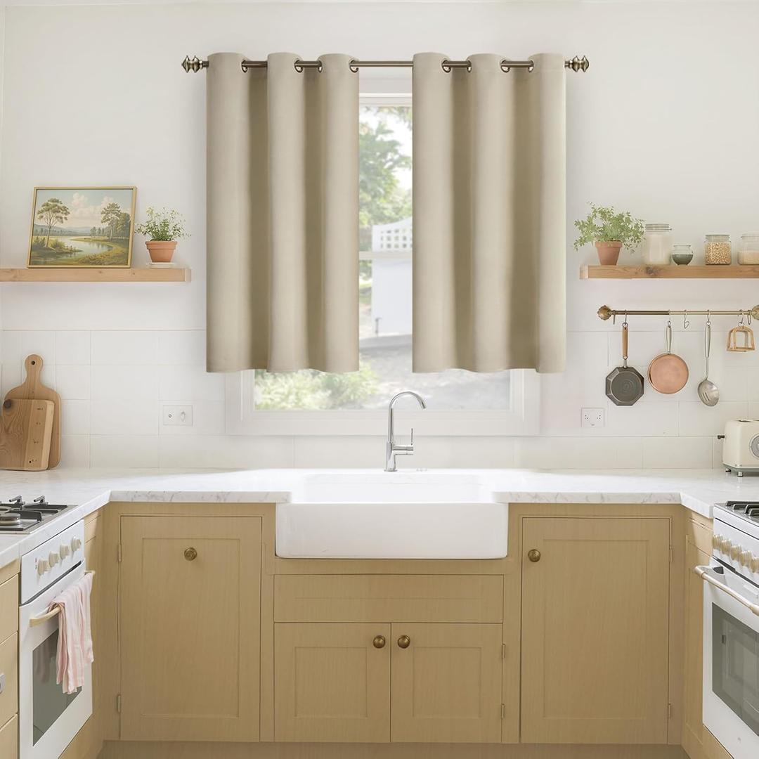 YoungsTex Beige Kitchen Window Curtains 40 Inch Length - Small Blackout Drapes with Grommet Thermal Insulated Privacy for Bathroom Short Windows, 2 Panels, 34 x 40 Inch
