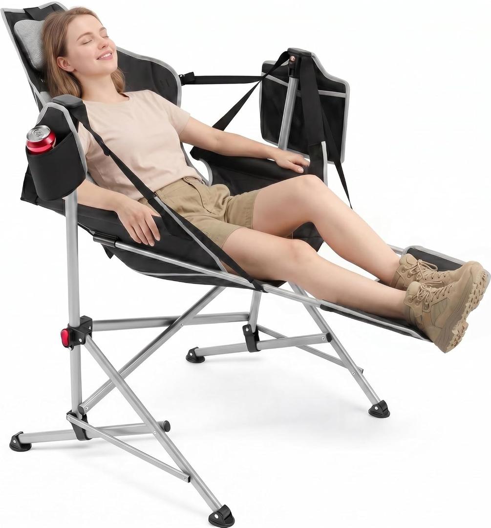 Hammock Camping Chair with Footrest, Oversized Swinging Folding Camp Chair for Adults, Adjustable Back & Seat, Heavy Duty Rocking Chair with Cup Holder & Pillow for Outdoor Patio Lawn RV, Black