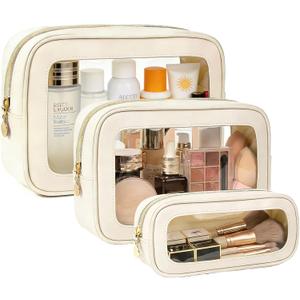 3-Piece Travel Clear Makeup Bag Set, Small Large Clear Cosemetic Bag with Makeup Brush Bag Waterproof Makeup Pouch with Zipper Toiletry Bags For Traveling Car Accessories for Women (White Set) (Beige)