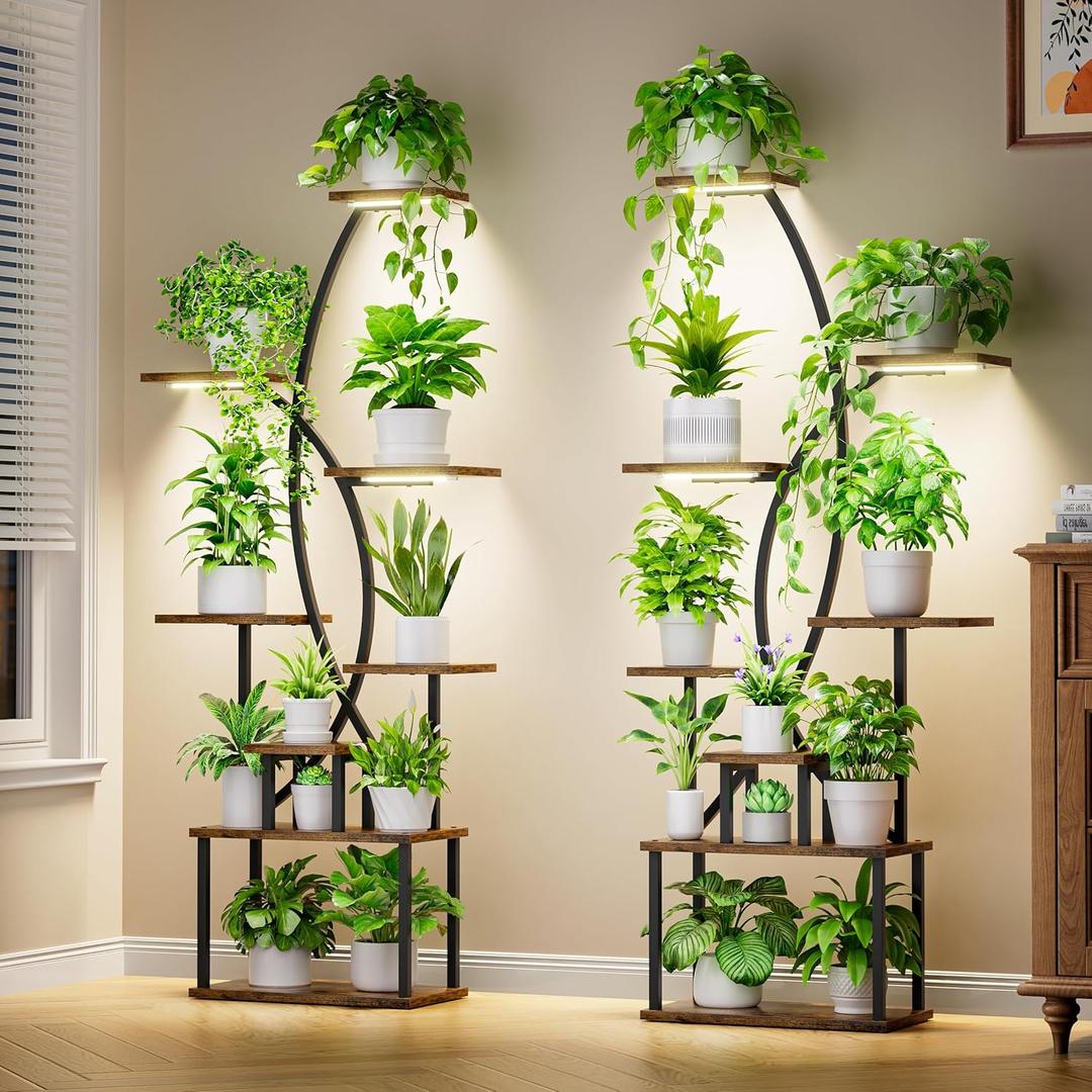 Plant Stand Indoor with Grow Lights - 8 Tiered Tall Plant Shelf, 65" Metal Corner Shelves for Indoor Plants Multiple, Large Curved Half-Moon Flower Holder Stand Display Rack for Patio, Home, 2 Pack
