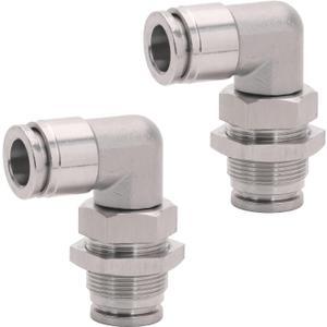 2Pcs 304 Stainless Steel Bulkhead Elbow 3/8" x 3/8" Tube OD Push to Connect Tube Fitting, PLM-3/8 Bulkhead 90 Degree Elbow Pneumatic Quick Connect Air Fitting