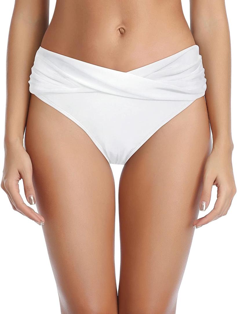 Tempt Me Women Twist Bikini Bottom Moderate High Cut Bathing Suit Bottoms Ruched Swimsuit Bottom (White)