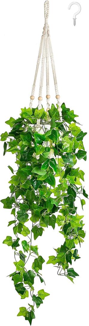 Dahey Fake Hanging Plants Artificial Decor Macrame Hanger with Artificial Vines in Pots Greenery for Wall Ceiling Bedroom Bathroom Indoor Home Decor, 1 Pack