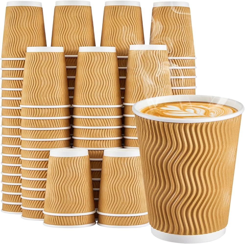 SIUQ 8 oz Coffee Cups - 300 Pack, Insulated Disposable Paper Cups 8 oz, Corrugated Ripple Wall Cups for Hot Beverage or Cold Drinks (Champagne)