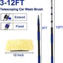 18Ft Reach Car Wash Brush with Long Handle, Car Cleaning Brush 12-Inch Soft Bristles, 3-12Foot Aluminium Telescoping Pole for Scratch-Free Cleaning RV, Car, Boats, Truck, Floors, Solar Panels