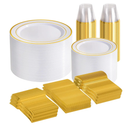 Gold Disposable Dinnerware Set for 100 Guests - 600PC BPA-Free Plastic Plates & Cutlery Kit with 100 Dinner Plates, Salad Plates, Forks, Knives, Spoons & Cups for Wedding, Party, Catering (Heavy-Duty)