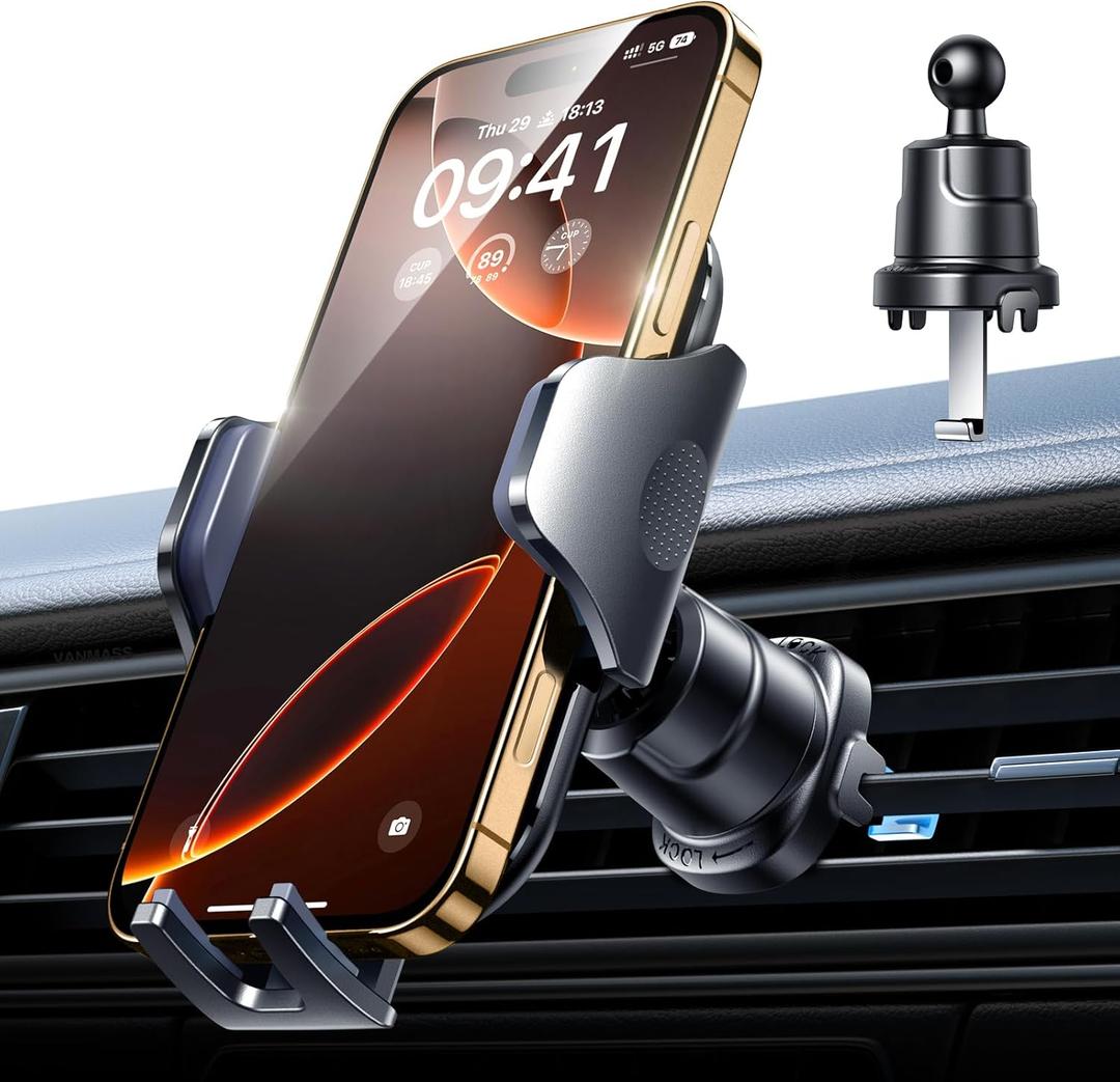 VANMASS Car Phone Holder Mount 2025 Upgraded [Patent Steel-Hook] Car Vent Phone Mount Clip Military-Grade Shockproof Cell Phone Car Mount Handsfree Truck Stand Vent Cradle for iPhone 16 Android, Black