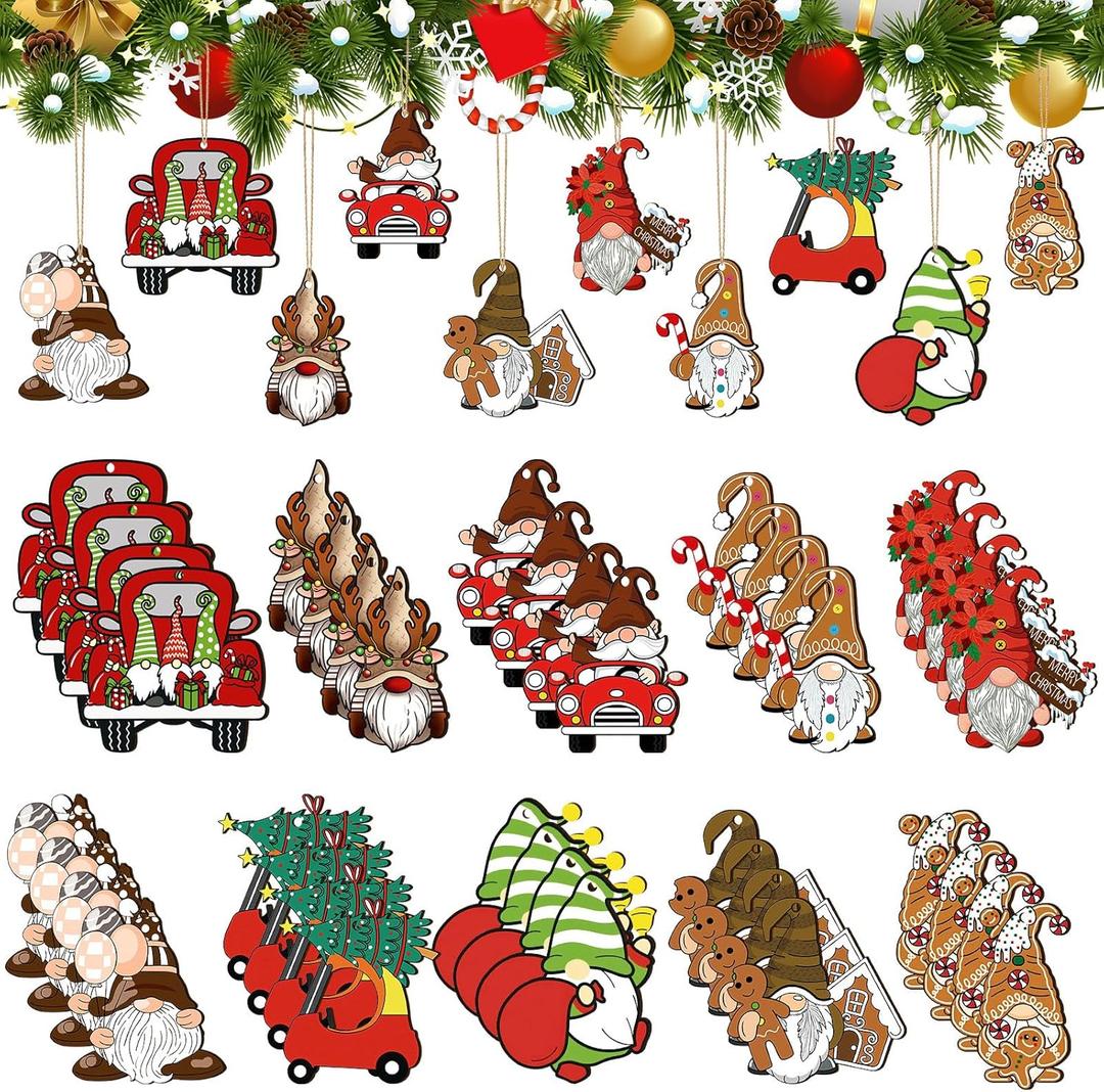 Leinuosen 50 Pcs Vintage Christmas Wood Ornaments Christmas Santa Gnome Red Truck Wooden Hanging Ornaments Victorian Rustic Farmhouse Tree Decorations for Xmas Tree Decoration Party Supplies