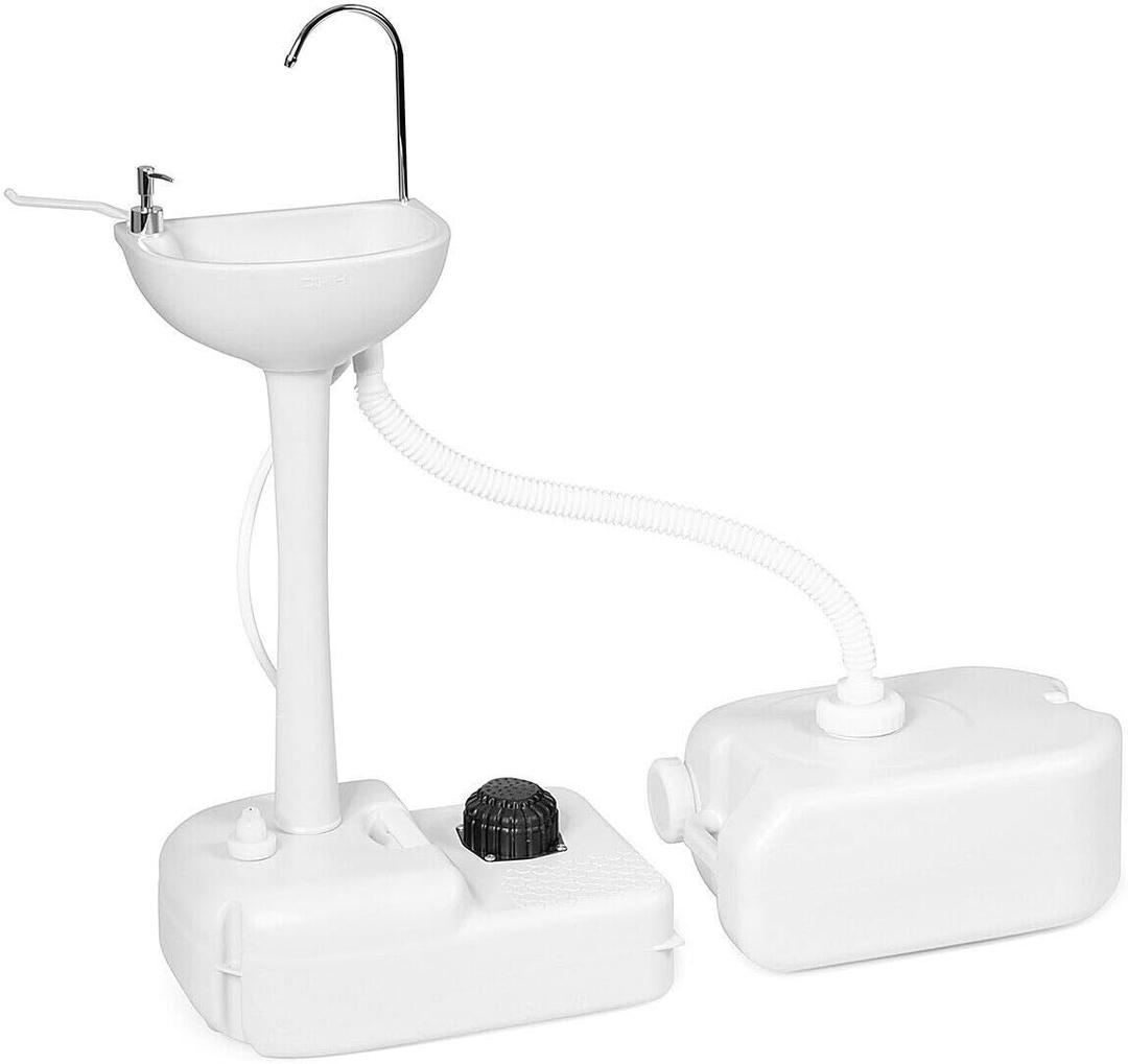 Portable Wash Sink Camping Hand Wash Station Basin Stand With 2 Bottom Wheels Towel Rack 4.5 Gal Fresh Water Tank 0.8 Gal Liquid Soap Dispenser 6.5 Gal Sewage Tank Capacity 4 Holes For Ground Stake