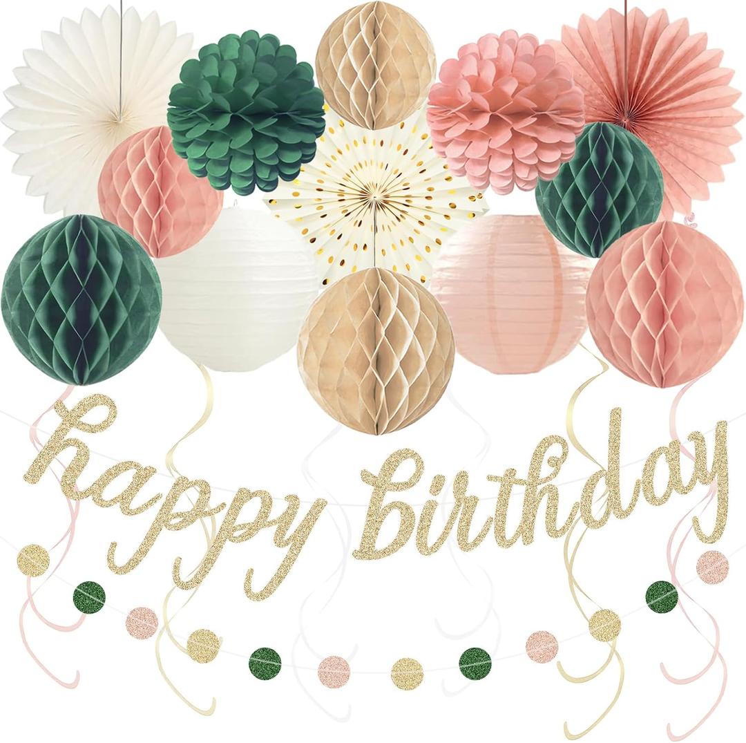 Pink Sage Green Happy Birthday Decorations, Pre-Strung Happy Birthday Banner with Honeycomb Balls, Paper Flowers, Lanterns, Hanging Swirls, Circle Dots Garland for Birthdays Party Decorations 24pcs