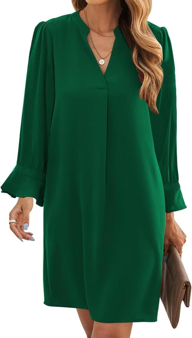 Wkior Long Sleeve Dress for Women V Neck Casual Cute Loose Flowy Swing Shift Dresse(Green, L)